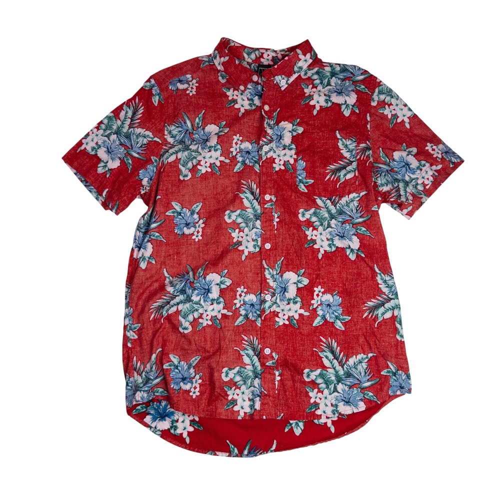 BKLYN Athletics Button Down Shirt Mens XL Red Good Tropical Reverse Print